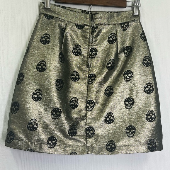 Mod Cloth - Metallic Gold With Black Skull Patterned Hidden Zipper Mini Skirt 2 - Picture 10 of 11